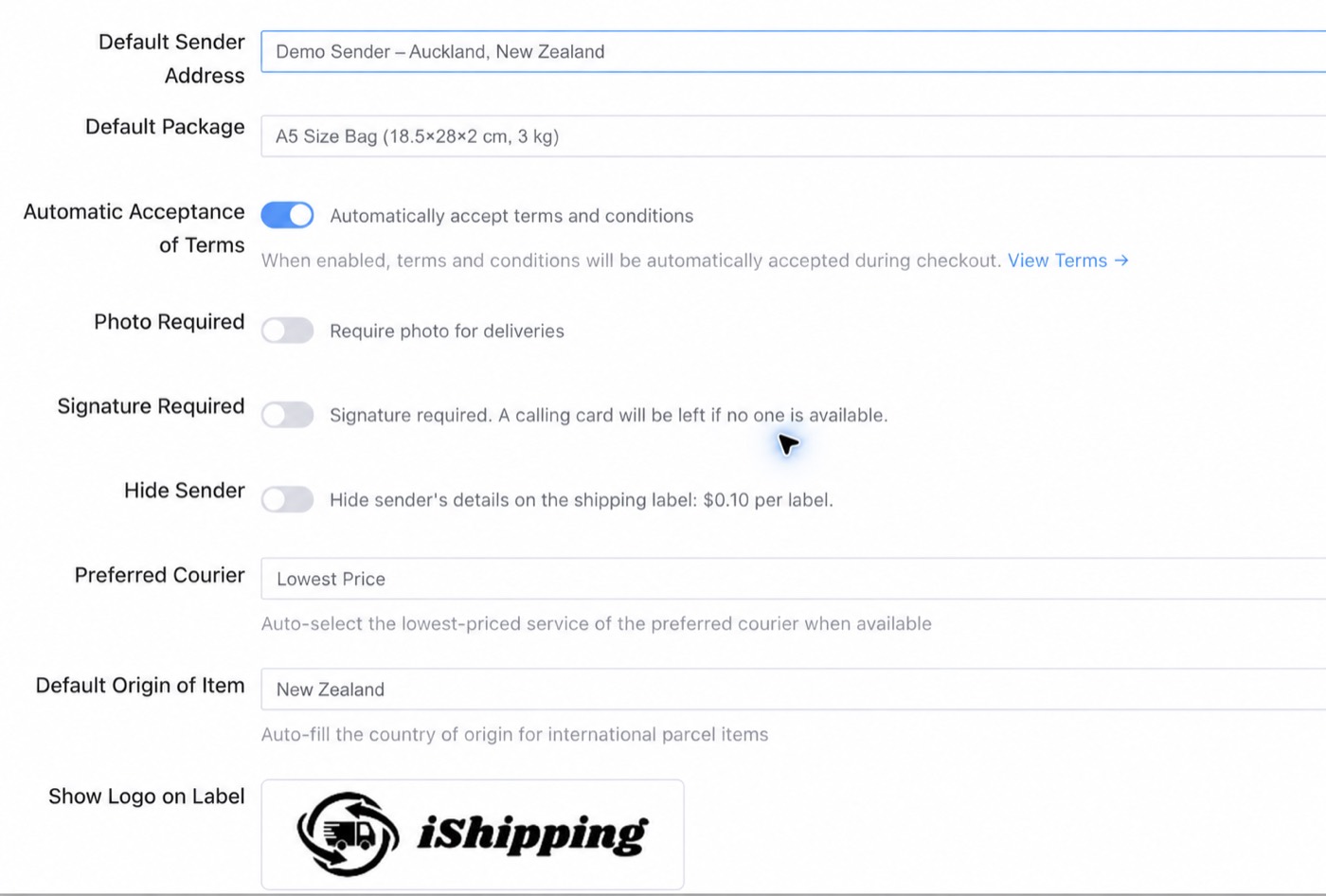 iShipping default sender, package and courier preferences